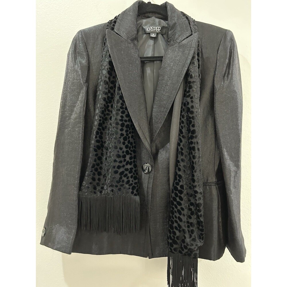 Kasper Womens Sz Black Brazier One Button Lined Collared With Attached Scarf